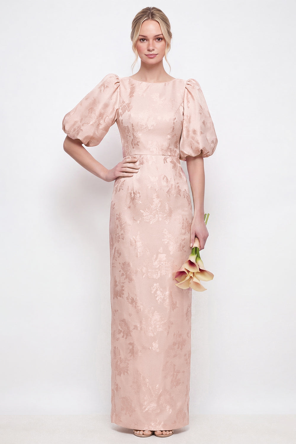 Blush Rosa Bodycon Rundhals Blumen Puffärmel Langes Brautjungfernkleid mit Schlitz