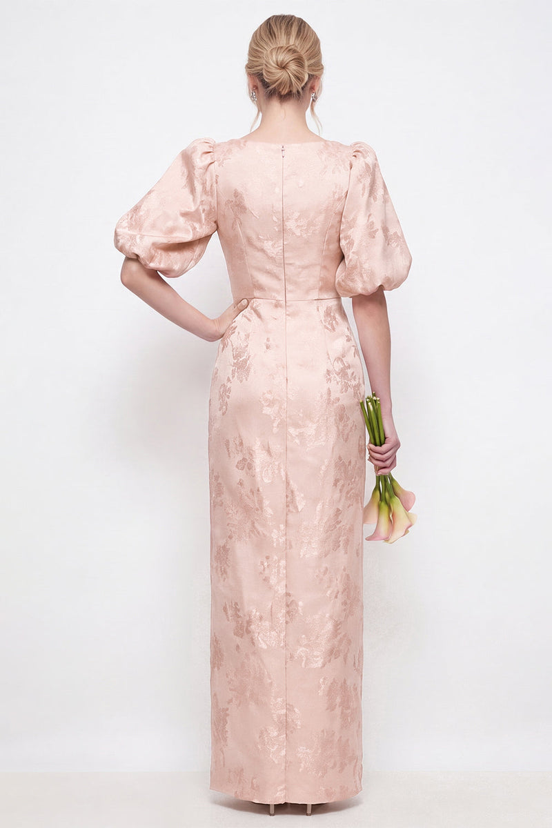 Laden Sie das Bild in den Galerie-Viewer, Rougerosa Bodycon Rundhals Blumen Puffärmel Langes Brautjungfernkleid mit Schlitz