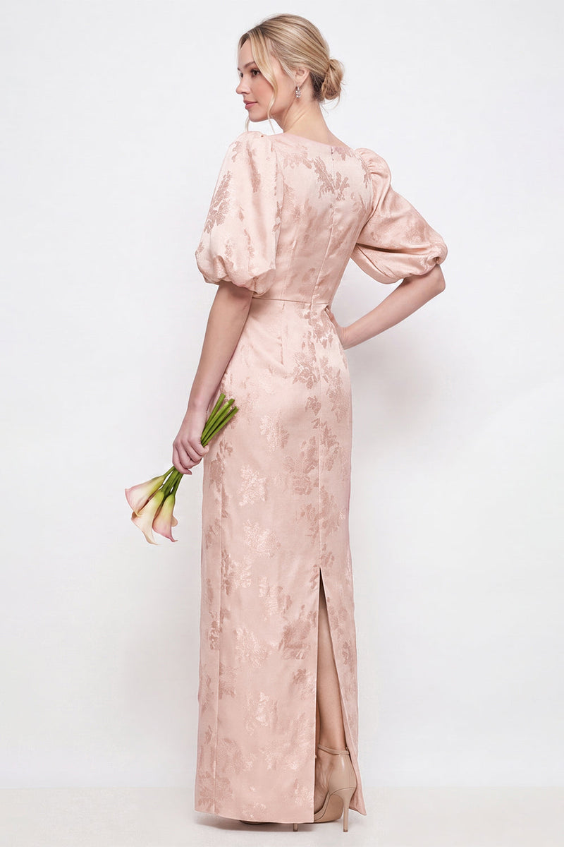 Laden Sie das Bild in den Galerie-Viewer, Rougerosa Bodycon Rundhals Blumen Puffärmel Langes Brautjungfernkleid mit Schlitz