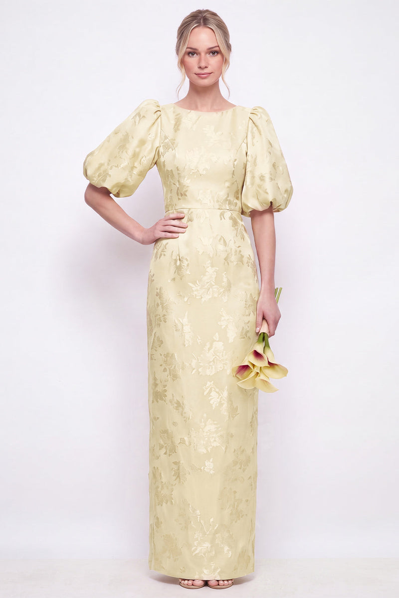 Laden Sie das Bild in den Galerie-Viewer, Rougerosa Bodycon Rundhals Blumen Puffärmel Langes Brautjungfernkleid mit Schlitz