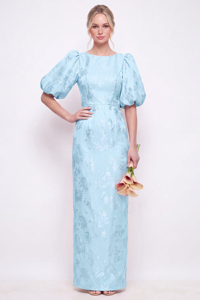 Laden Sie das Bild in den Galerie-Viewer, Rougerosa Bodycon Rundhals Blumen Puffärmel Langes Brautjungfernkleid mit Schlitz