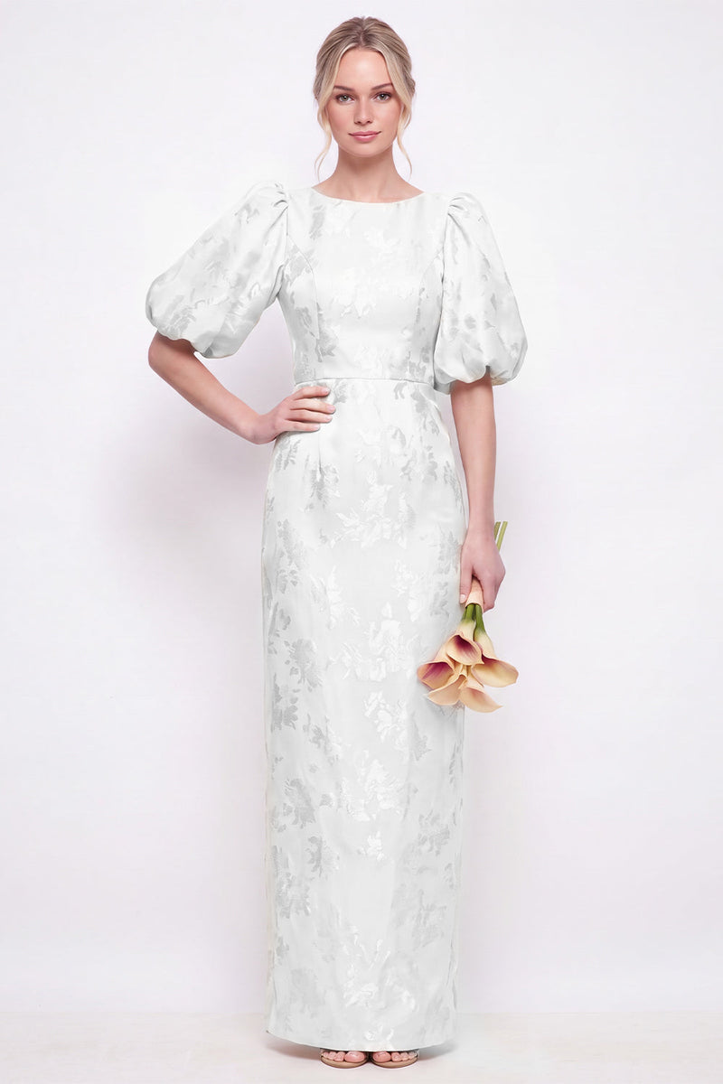 Laden Sie das Bild in den Galerie-Viewer, Rougerosa Bodycon Rundhals Blumen Puffärmel Langes Brautjungfernkleid mit Schlitz