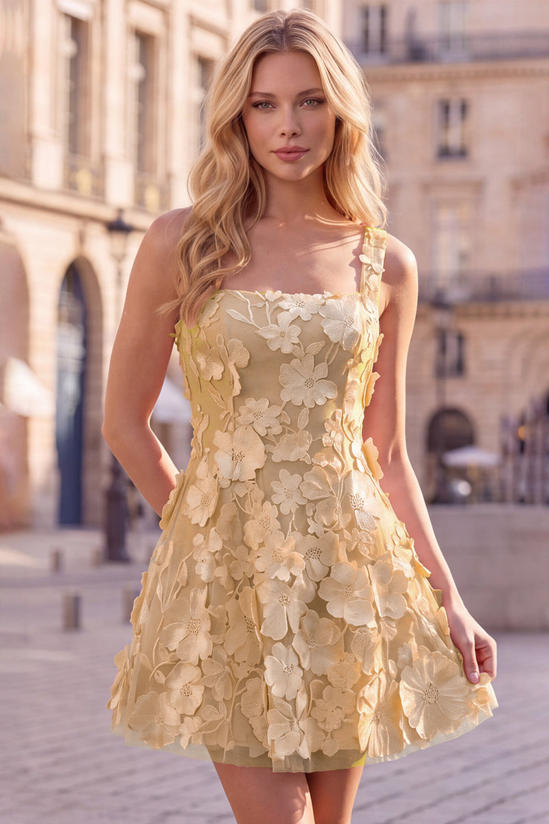 Laden Sie das Bild in den Galerie-Viewer, A-Linie Quadrathals Rosa Kurzes Abendkleid mit Applikationen