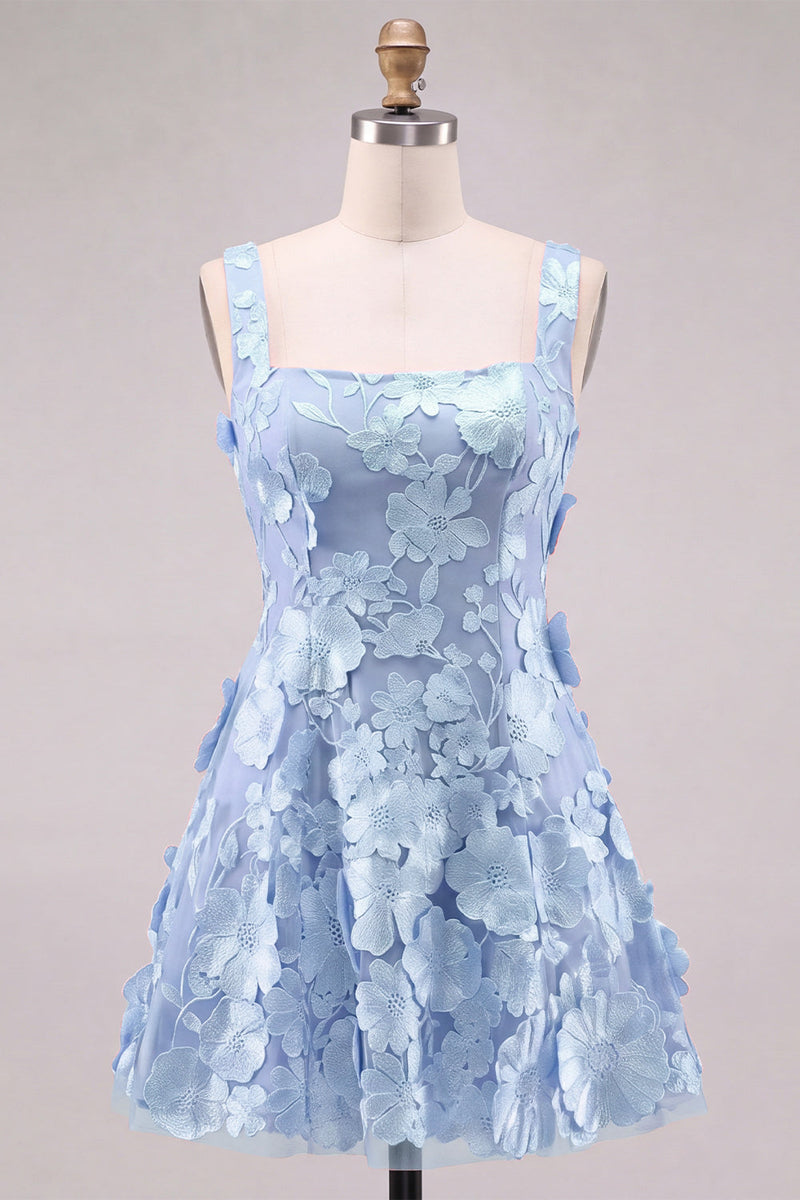 Laden Sie das Bild in den Galerie-Viewer, A-Linie Quadrathals Rosa Kurzes Abendkleid mit Applikationen