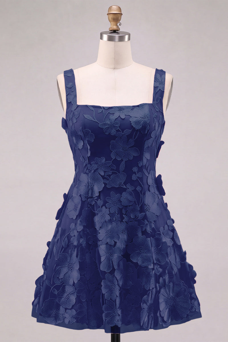 Laden Sie das Bild in den Galerie-Viewer, A-Linie Quadrathals Rosa Kurzes Abendkleid mit Applikationen