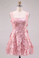 Laden Sie das Bild in den Galerie-Viewer, A-Linie Quadrathals Rosa Kurzes Abendkleid mit Applikationen