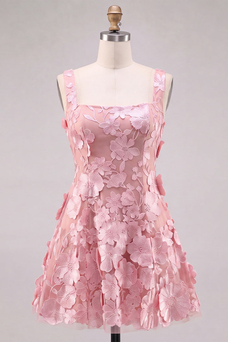 Laden Sie das Bild in den Galerie-Viewer, A-Linie Quadrathals Rosa Kurzes Abendkleid mit Applikationen