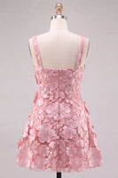 Laden Sie das Bild in den Galerie-Viewer, A-Linie Quadrathals Rosa Kurzes Abendkleid mit Applikationen