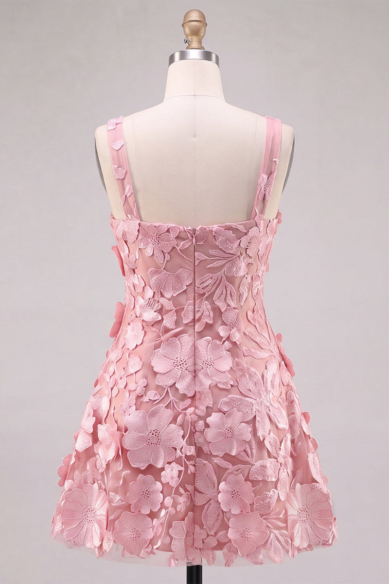 Laden Sie das Bild in den Galerie-Viewer, A-Linie Quadrathals Rosa Kurzes Abendkleid mit Applikationen
