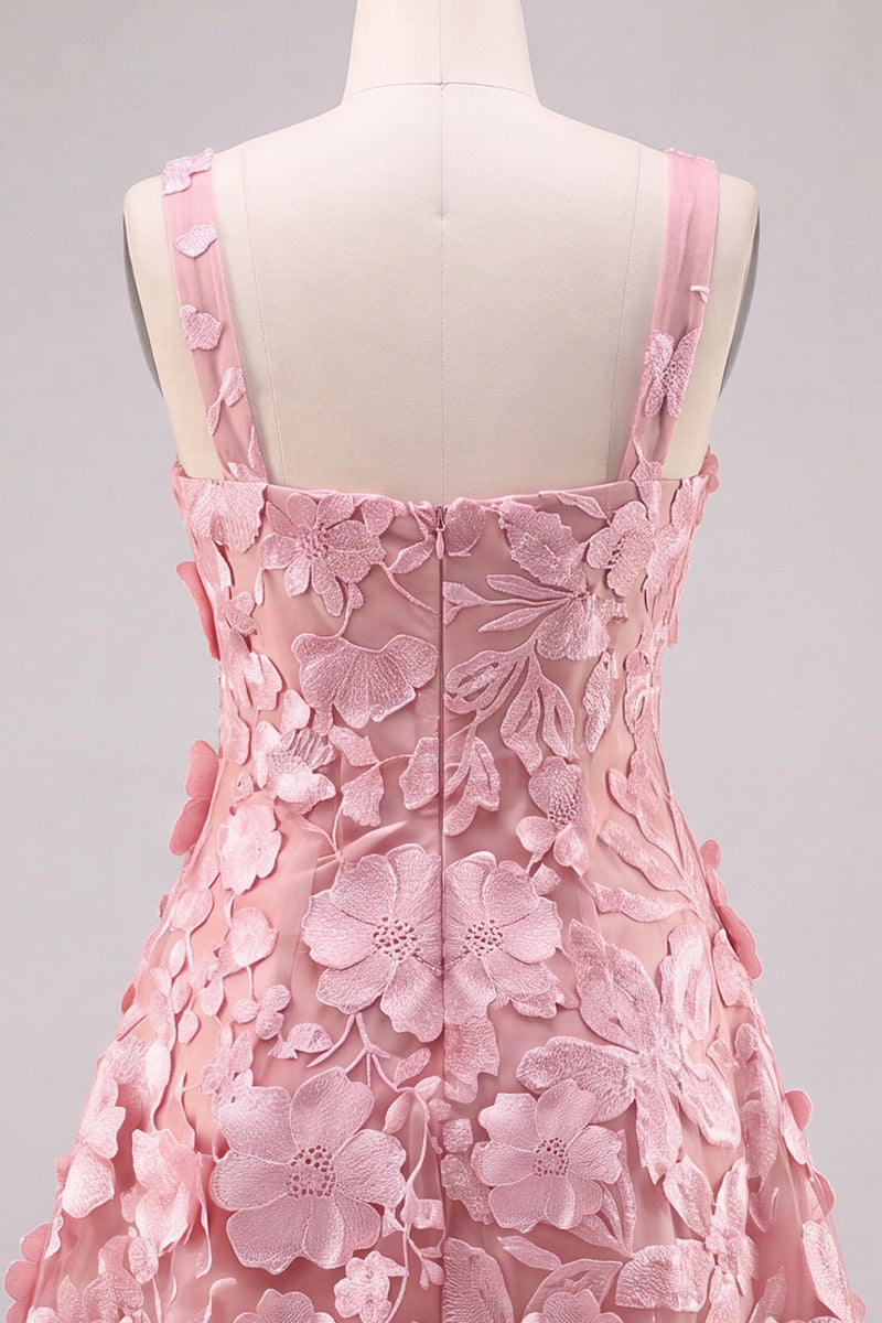 Laden Sie das Bild in den Galerie-Viewer, A-Linie Quadrathals Rosa Kurzes Abendkleid mit Applikationen