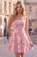 Laden Sie das Bild in den Galerie-Viewer, A-Linie Quadrathals Rosa Kurzes Abendkleid mit Applikationen