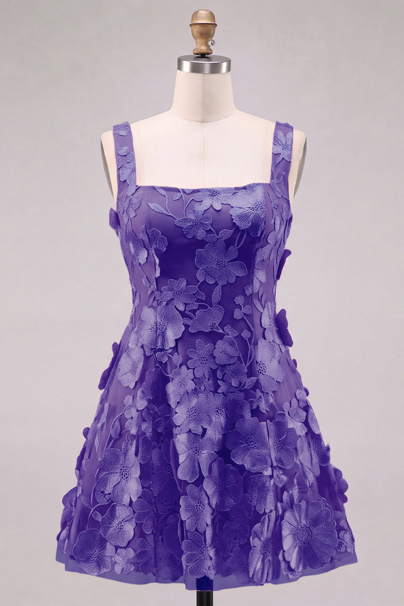 Laden Sie das Bild in den Galerie-Viewer, A-Linie Quadrathals Rosa Kurzes Abendkleid mit Applikationen