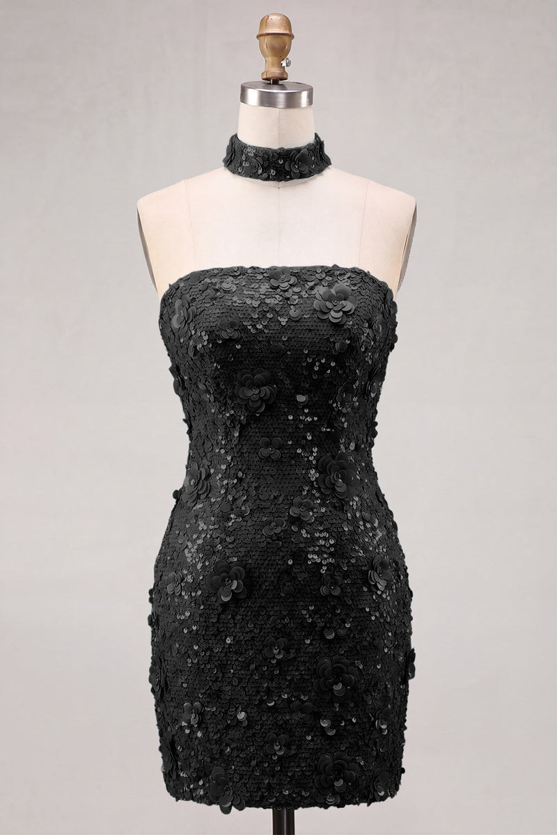 Laden Sie das Bild in den Galerie-Viewer, Goldene Trägerloses Pailletten Bodycon Kurzes Abendkleid mit Schnürung hinten