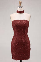 Laden Sie das Bild in den Galerie-Viewer, Goldene Trägerloses Pailletten Bodycon Kurzes Abendkleid mit Schnürung hinten