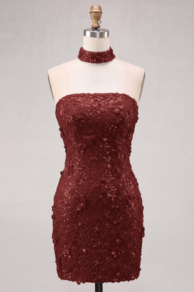 Laden Sie das Bild in den Galerie-Viewer, Goldene Trägerloses Pailletten Bodycon Kurzes Abendkleid mit Schnürung hinten