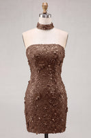 Laden Sie das Bild in den Galerie-Viewer, Goldene Trägerloses Pailletten Bodycon Kurzes Abendkleid mit Schnürung hinten