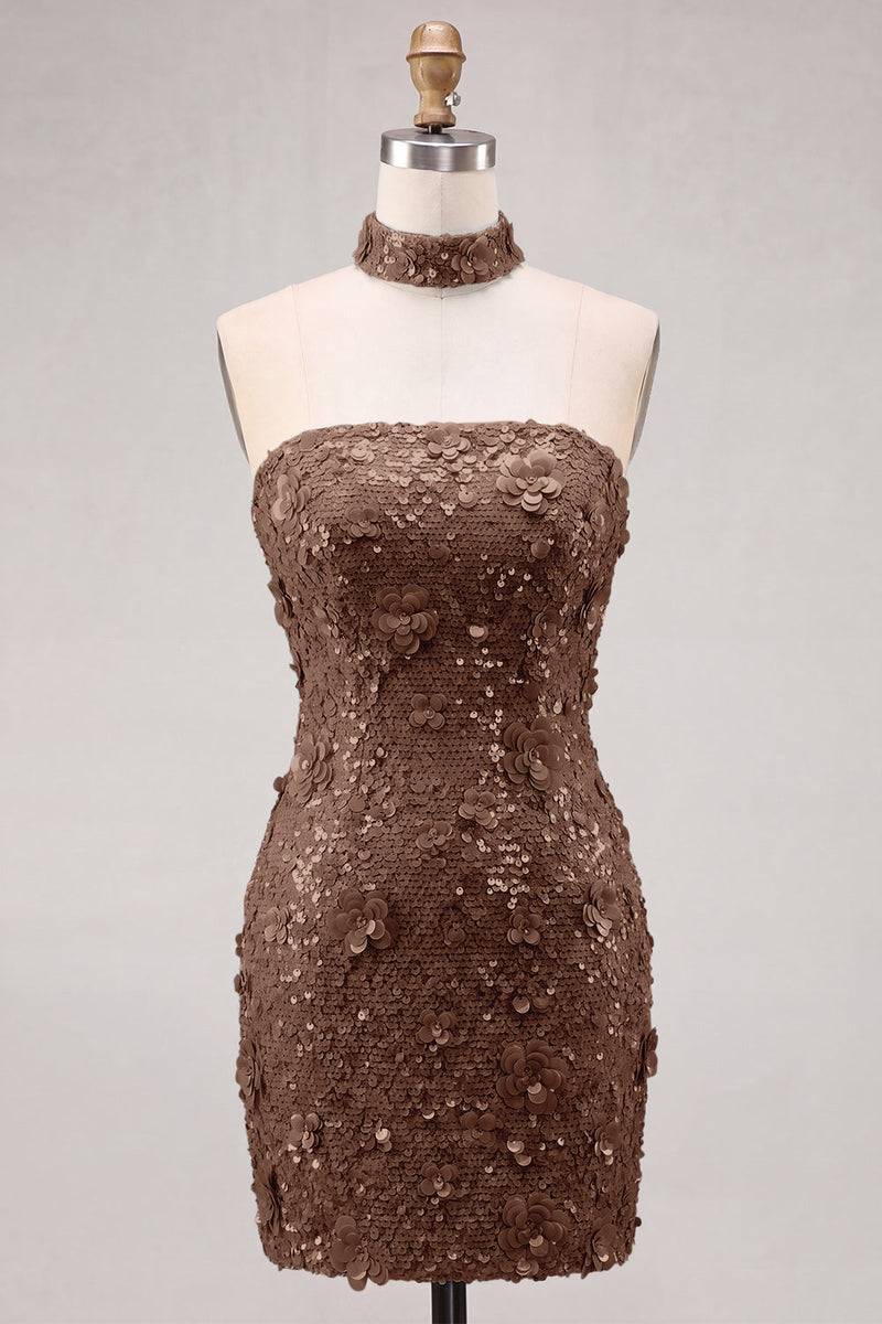 Laden Sie das Bild in den Galerie-Viewer, Goldene Trägerloses Pailletten Bodycon Kurzes Abendkleid mit Schnürung hinten