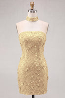 Laden Sie das Bild in den Galerie-Viewer, Goldene Trägerloses Pailletten Bodycon Kurzes Abendkleid mit Schnürung hinten