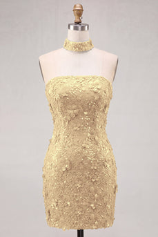 Goldene Trägerloses Pailletten Bodycon Kurzes Abendkleid mit Schnürung hinten