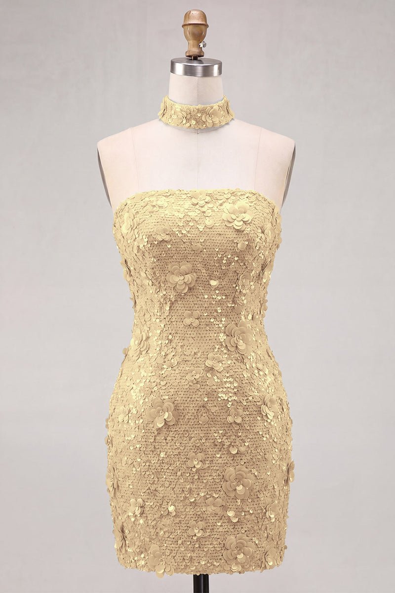 Laden Sie das Bild in den Galerie-Viewer, Goldene Trägerloses Pailletten Bodycon Kurzes Abendkleid mit Schnürung hinten