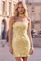 Laden Sie das Bild in den Galerie-Viewer, Goldene Trägerloses Pailletten Bodycon Kurzes Abendkleid mit Schnürung hinten