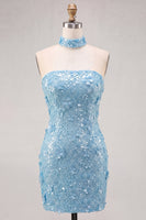 Laden Sie das Bild in den Galerie-Viewer, Goldene Trägerloses Pailletten Bodycon Kurzes Abendkleid mit Schnürung hinten