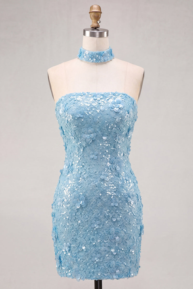 Laden Sie das Bild in den Galerie-Viewer, Goldene Trägerloses Pailletten Bodycon Kurzes Abendkleid mit Schnürung hinten