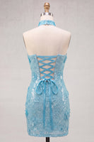 Laden Sie das Bild in den Galerie-Viewer, Goldene Trägerloses Pailletten Bodycon Kurzes Abendkleid mit Schnürung hinten
