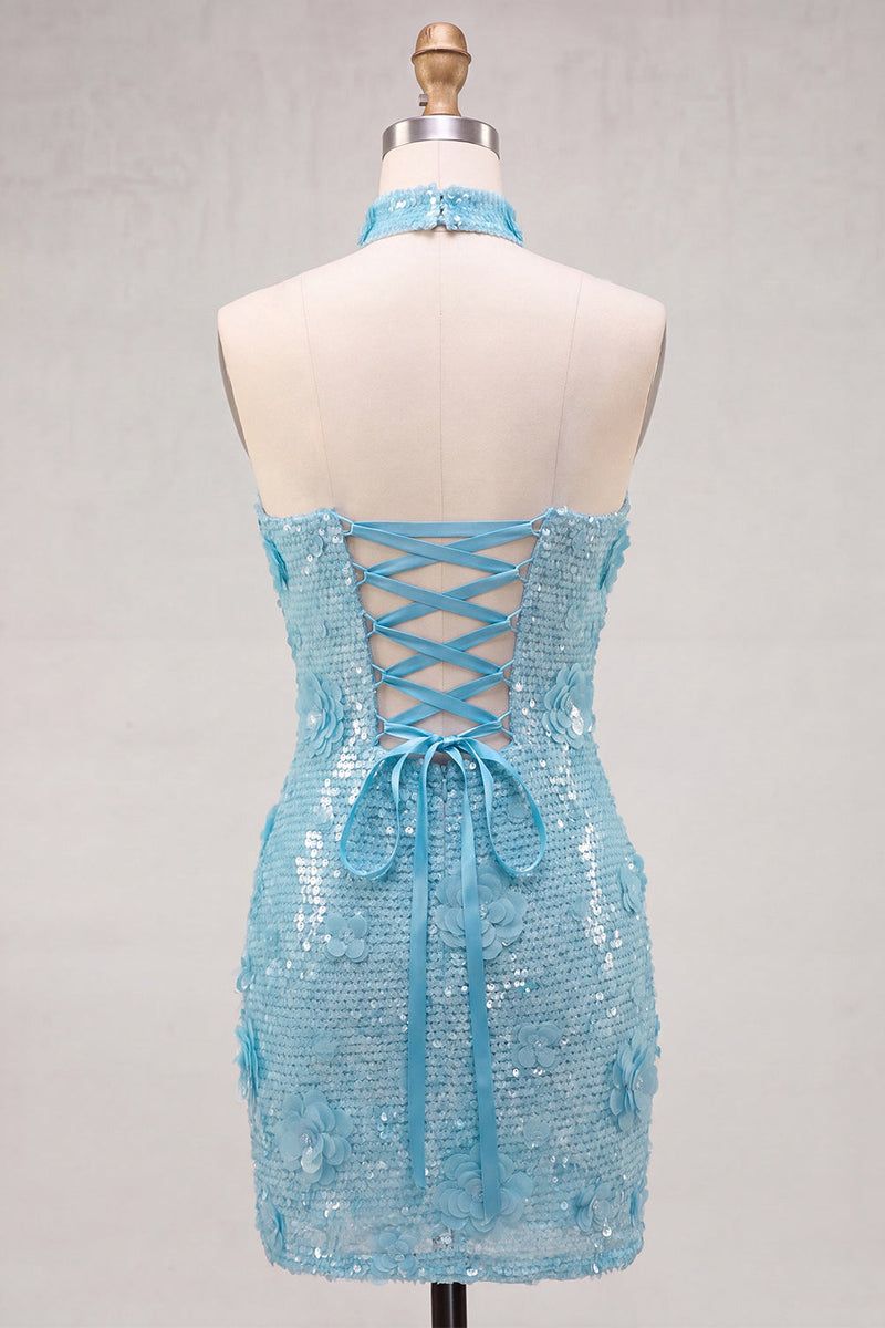 Laden Sie das Bild in den Galerie-Viewer, Goldene Trägerloses Pailletten Bodycon Kurzes Abendkleid mit Schnürung hinten