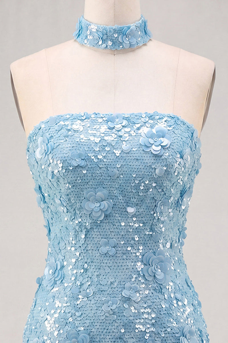 Laden Sie das Bild in den Galerie-Viewer, Goldene Trägerloses Pailletten Bodycon Kurzes Abendkleid mit Schnürung hinten