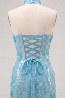 Laden Sie das Bild in den Galerie-Viewer, Goldene Trägerloses Pailletten Bodycon Kurzes Abendkleid mit Schnürung hinten