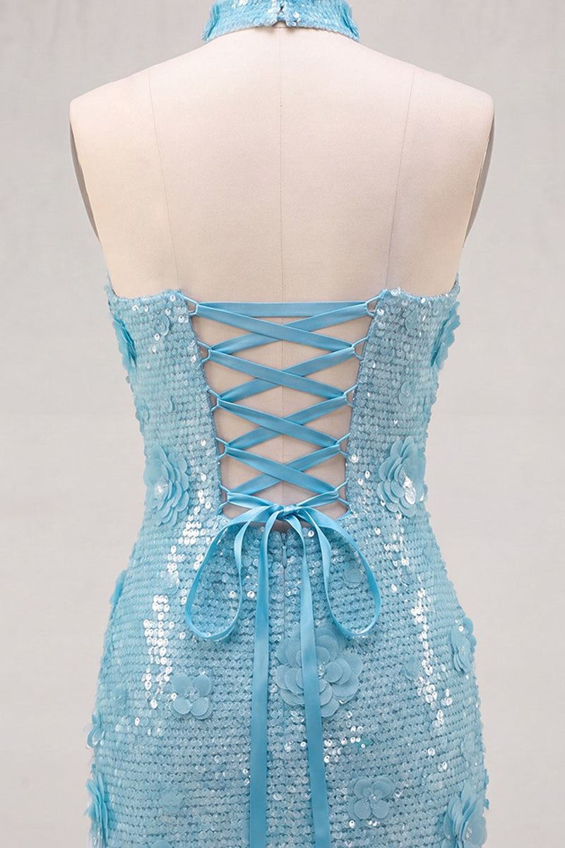 Laden Sie das Bild in den Galerie-Viewer, Goldene Trägerloses Pailletten Bodycon Kurzes Abendkleid mit Schnürung hinten
