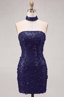 Laden Sie das Bild in den Galerie-Viewer, Goldene Trägerloses Pailletten Bodycon Kurzes Abendkleid mit Schnürung hinten