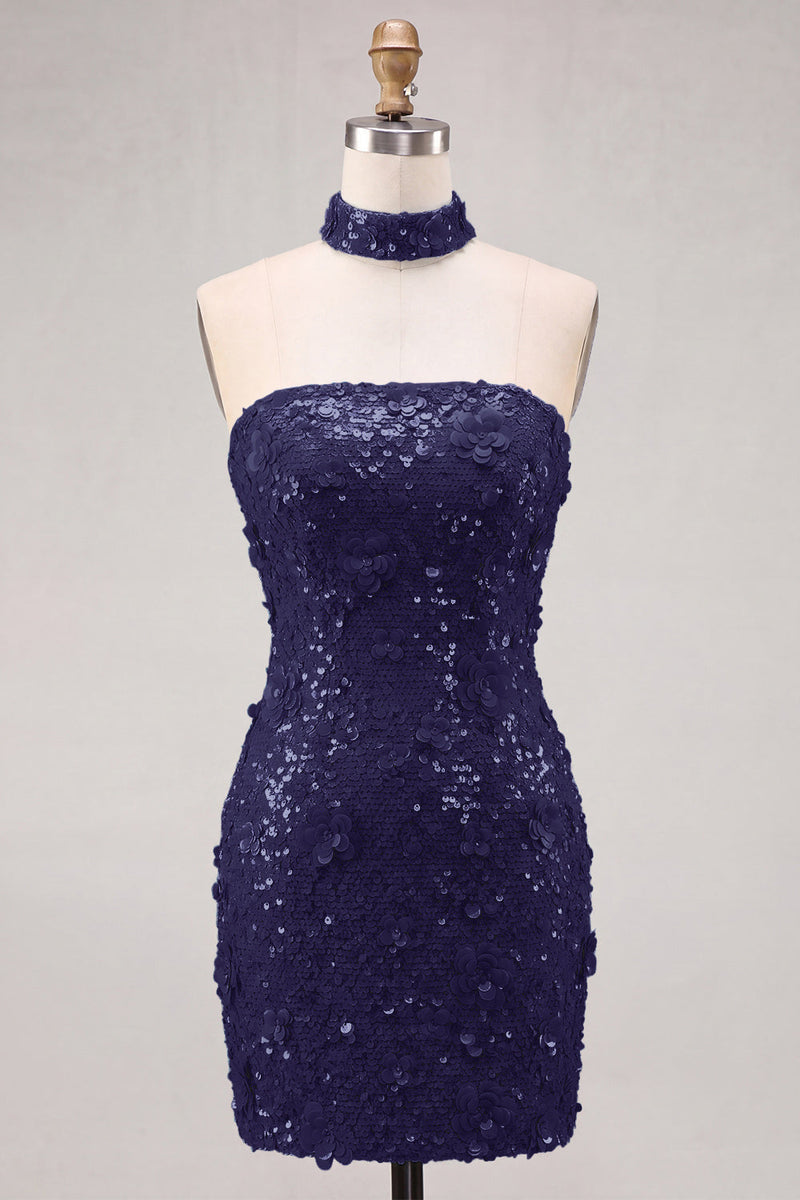Laden Sie das Bild in den Galerie-Viewer, Goldene Trägerloses Pailletten Bodycon Kurzes Abendkleid mit Schnürung hinten