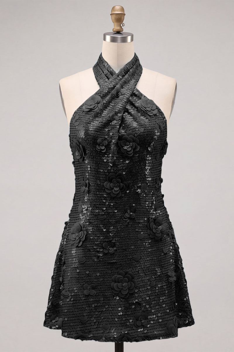 Laden Sie das Bild in den Galerie-Viewer, Blaues Neckholderhals A-Linie Blumen Kurzes Abendkleid mit Pailletten