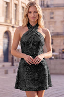 Laden Sie das Bild in den Galerie-Viewer, Blaues Neckholderhals A-Linie Blumen Kurzes Abendkleid mit Pailletten