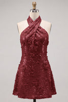 Laden Sie das Bild in den Galerie-Viewer, Blaues Neckholderhals A-Linie Blumen Kurzes Abendkleid mit Pailletten