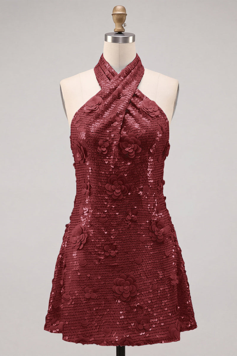 Laden Sie das Bild in den Galerie-Viewer, Blaues Neckholderhals A-Linie Blumen Kurzes Abendkleid mit Pailletten