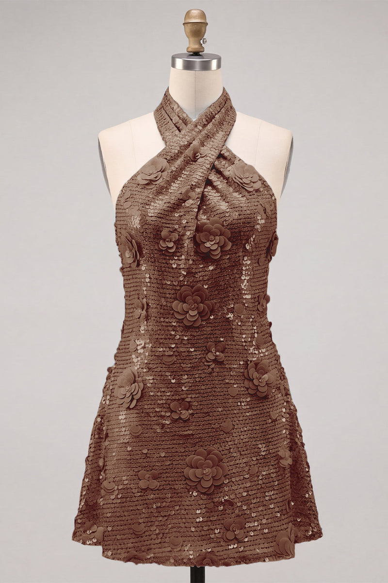 Laden Sie das Bild in den Galerie-Viewer, Blaues Neckholderhals A-Linie Blumen Kurzes Abendkleid mit Pailletten