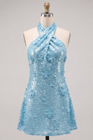 Laden Sie das Bild in den Galerie-Viewer, Blaues Neckholderhals A-Linie Blumen Kurzes Abendkleid mit Pailletten