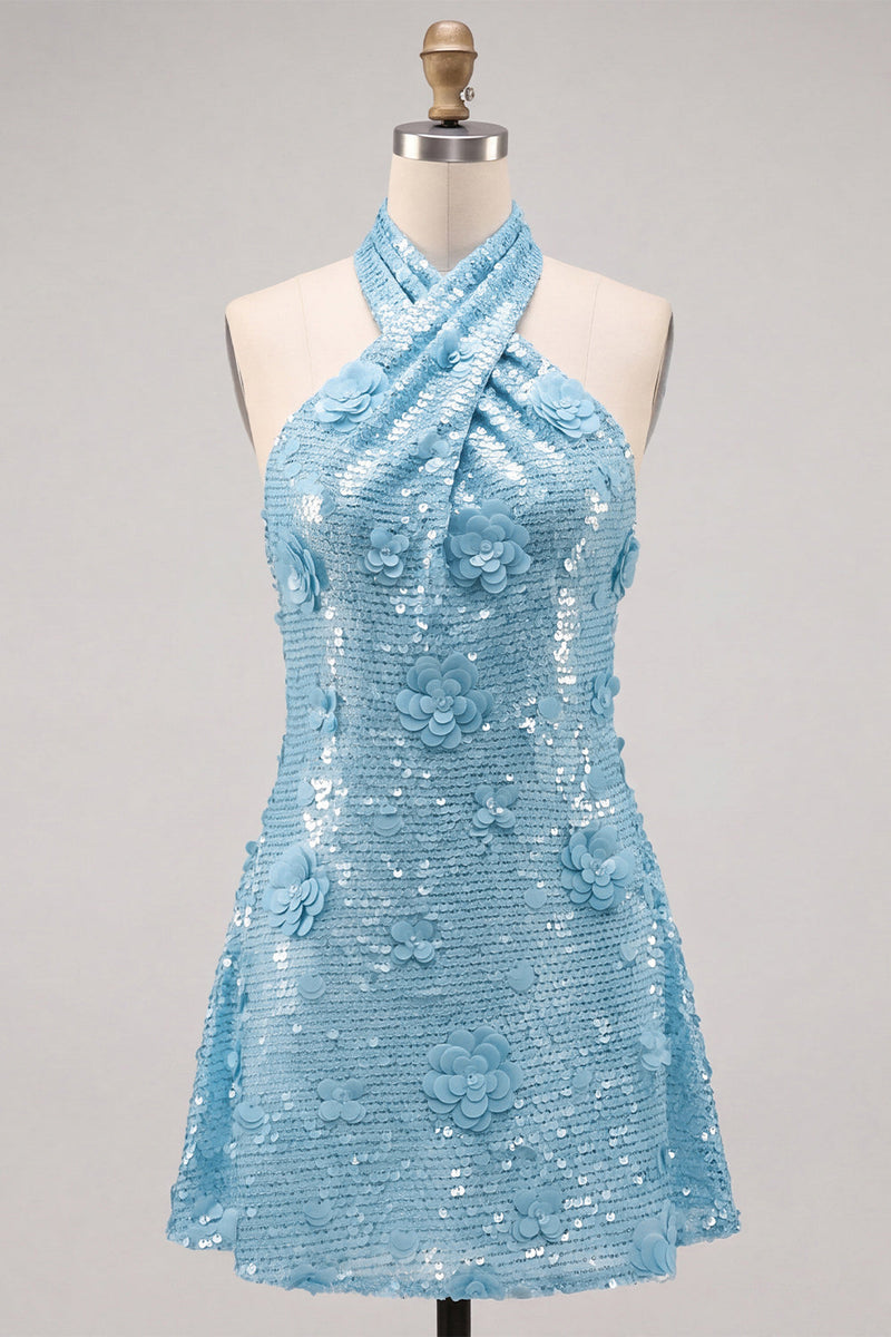 Laden Sie das Bild in den Galerie-Viewer, Blaues Neckholderhals A-Linie Blumen Kurzes Abendkleid mit Pailletten