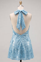 Laden Sie das Bild in den Galerie-Viewer, Blaues Neckholderhals A-Linie Blumen Kurzes Abendkleid mit Pailletten