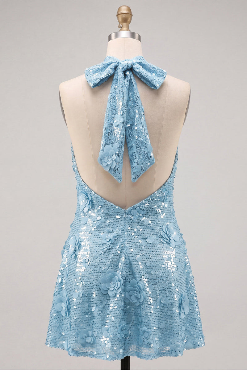 Laden Sie das Bild in den Galerie-Viewer, Blaues Neckholderhals A-Linie Blumen Kurzes Abendkleid mit Pailletten