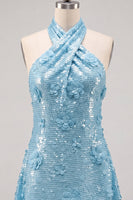 Laden Sie das Bild in den Galerie-Viewer, Blaues Neckholderhals A-Linie Blumen Kurzes Abendkleid mit Pailletten