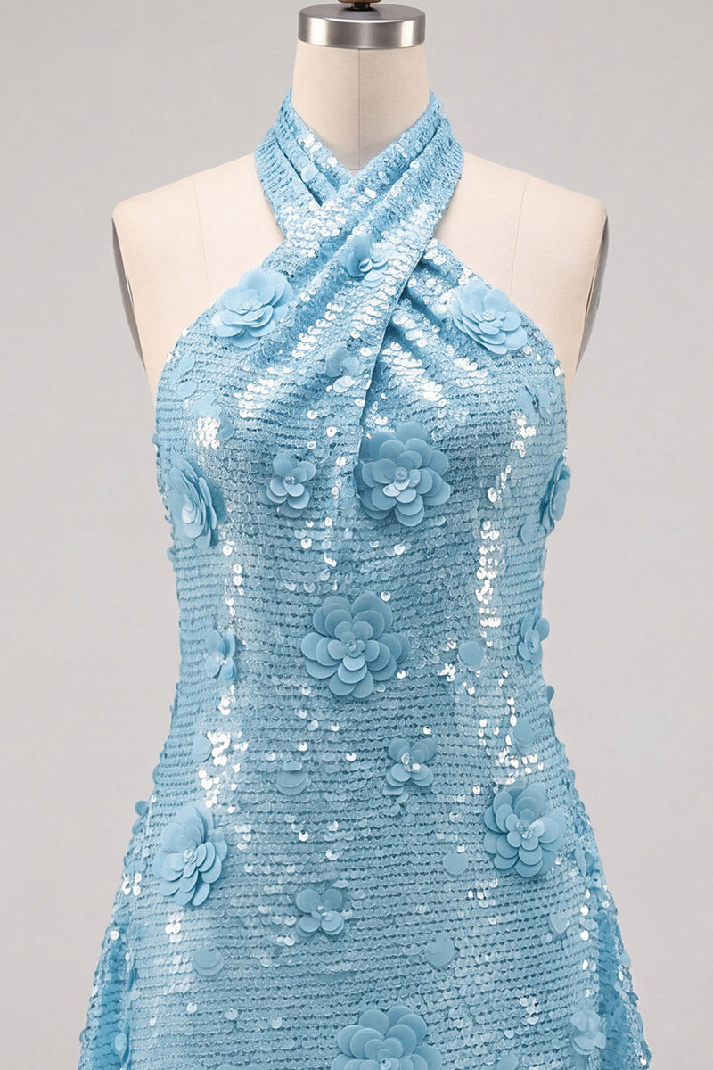 Laden Sie das Bild in den Galerie-Viewer, Blaues Neckholderhals A-Linie Blumen Kurzes Abendkleid mit Pailletten