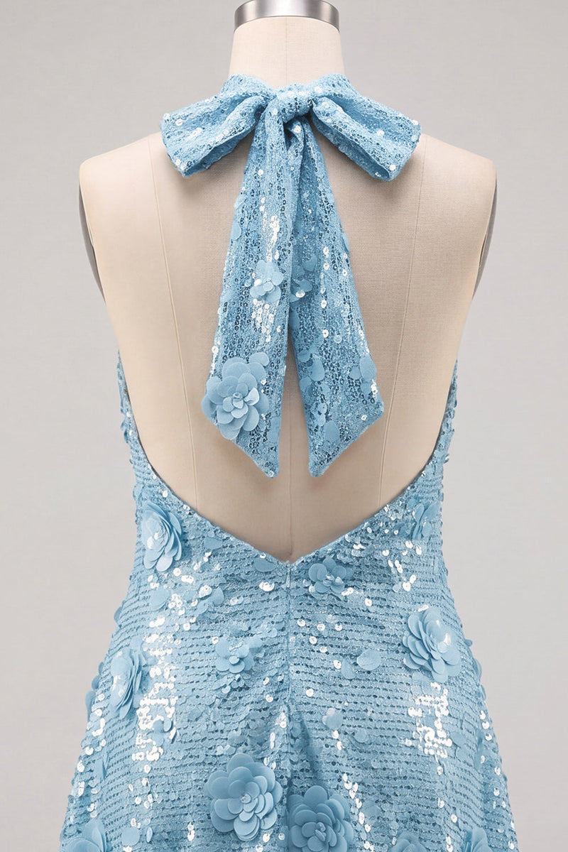 Laden Sie das Bild in den Galerie-Viewer, Blaues Neckholderhals A-Linie Blumen Kurzes Abendkleid mit Pailletten