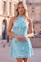 Laden Sie das Bild in den Galerie-Viewer, Blaues Neckholderhals A-Linie Blumen Kurzes Abendkleid mit Pailletten