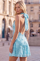Laden Sie das Bild in den Galerie-Viewer, Blaues Neckholderhals A-Linie Blumen Kurzes Abendkleid mit Pailletten