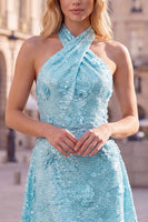Laden Sie das Bild in den Galerie-Viewer, Blaues Neckholderhals A-Linie Blumen Kurzes Abendkleid mit Pailletten