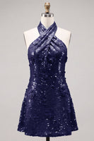 Laden Sie das Bild in den Galerie-Viewer, Blaues Neckholderhals A-Linie Blumen Kurzes Abendkleid mit Pailletten